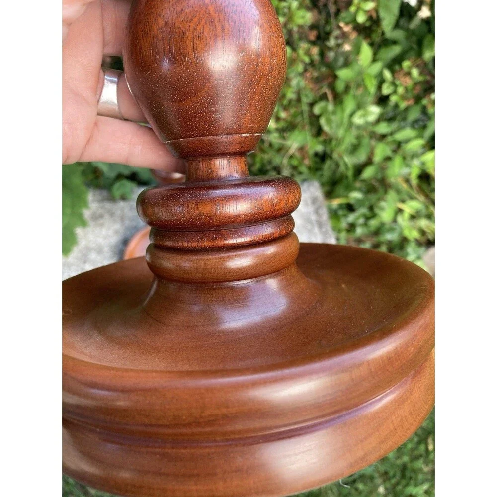 Vintage Hand Turned Wood Candlestick Taper Holders Brass Insert Fruitwood